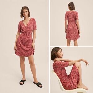 Mango Red Floral Print Pleated Dress